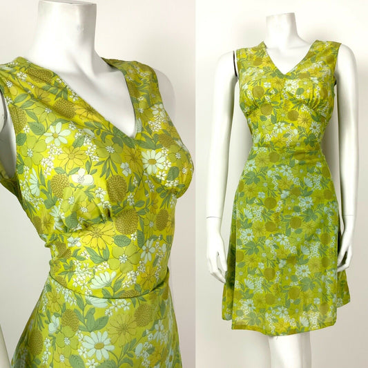 VTG 60s 70s GREEN WHITE YELLOW FLORAL DAISY BOTANICAL PSYCHEDELIC DRESS 12 14