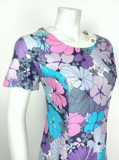 VTG 60s 70s PSYCHEDELIC PURPLE BLUE PINK GREY FLORAL SMOCK DRESS 10 12 14