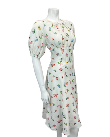 VINTAGE WHITE PINK GREEN YELLOW BLUE FLORAL PRINT MIDI DRESS 8 10