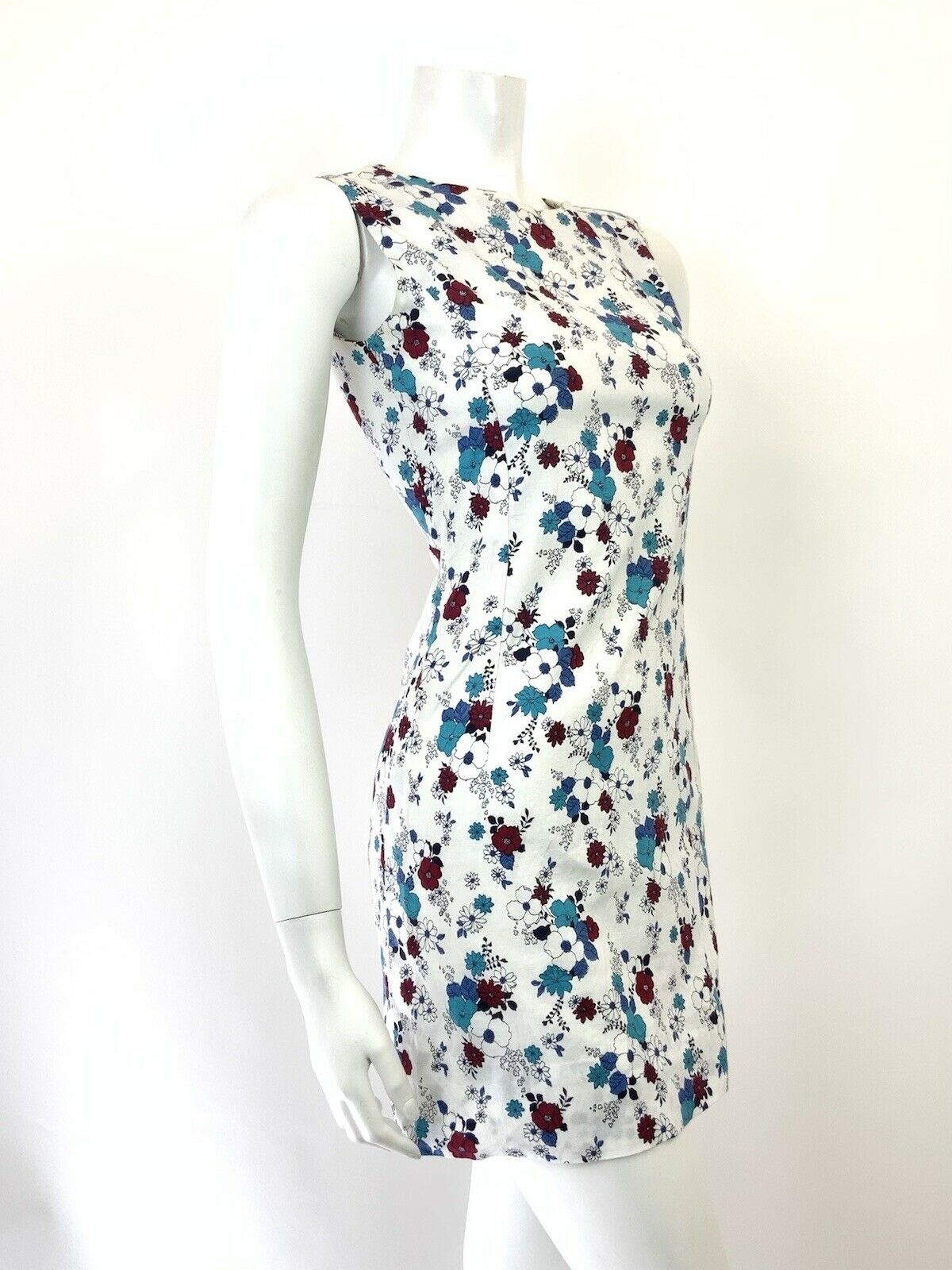 VINTAGE 60s 70s WHITE WINE RED BLUE FLORAL BOHO MOD SLEEVELESS MINI DRESS 8