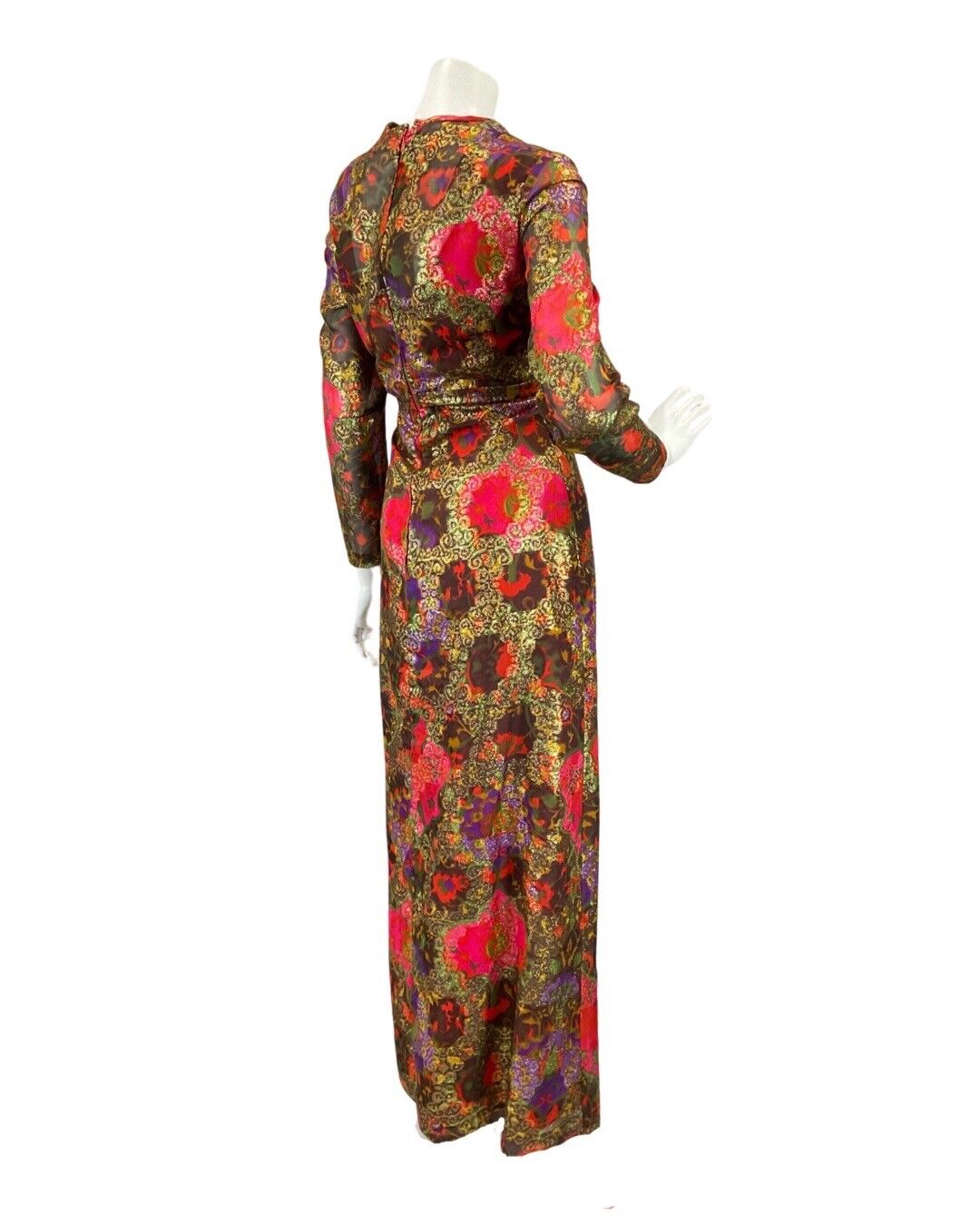 VINTAGE 60s 70s BROWN RED GOLD FLORAL SPOTTED MOD PARTY DISCO MAXI DRESS 8 10