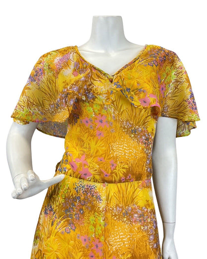 VINTAGE 60s 70s YELLOW PINK PURPLE FLORAL LEAFY PRAIRIE FLOATY MAXI DRESS 14