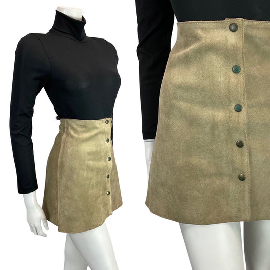 VINTAGE 60s 70s LIGHT GREY TAN SUEDE BUTTON DOWN BOHO MOD GOGO MINI SKIRT 6