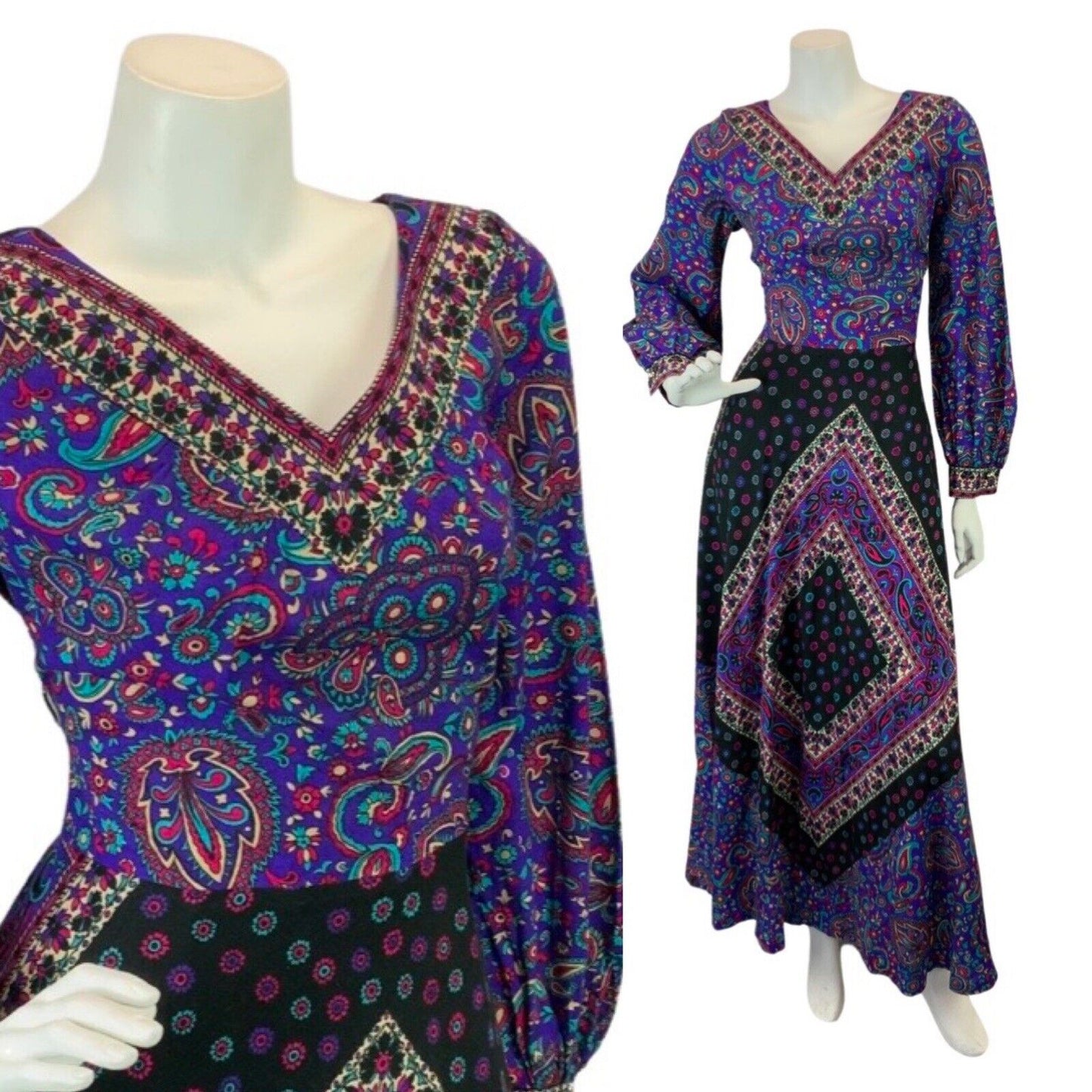 VINTAGE 60s 70s PURPLE BLACK TEAL PAISLEY FLORAL BOHO FOLK MAXI DRESS 10 12