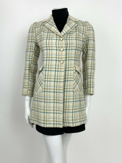 VTG 60s 70s MOD CREAM BLUE YELLOW GOLD PLAID CHECKED WOOL JACKET COAT 10