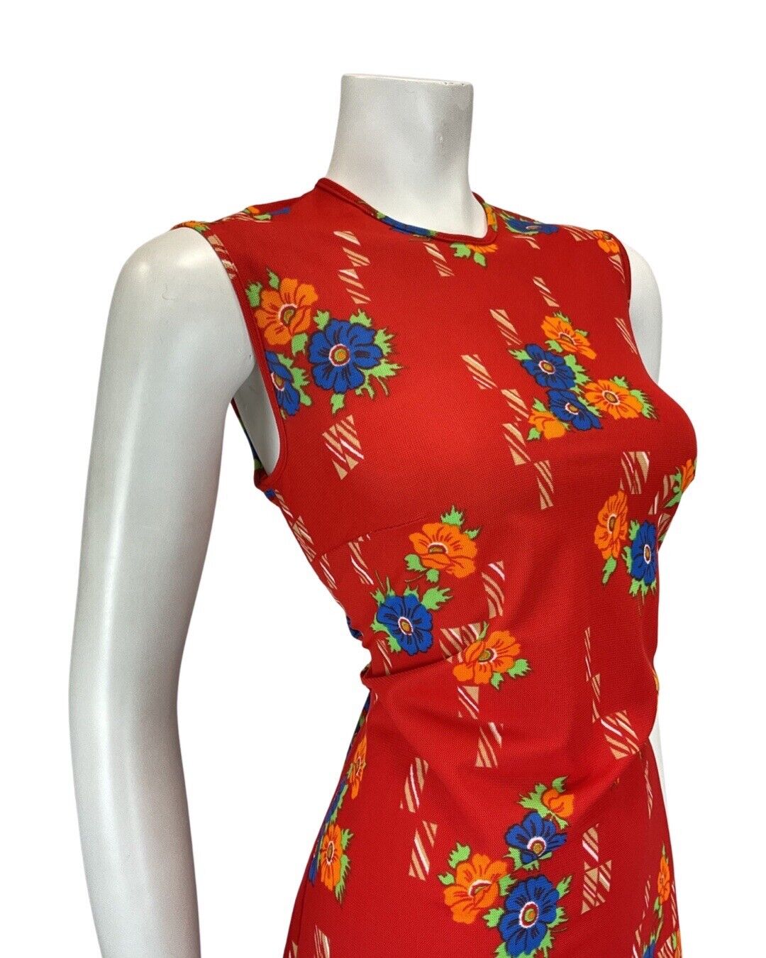 VINTAGE 60s 70s PILLARBOX RED BLUE FLORAL MOD SLEEVELESS SHORT DRESS 10 12