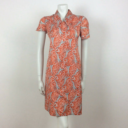 AMAZING ORANGE RED BLACK WHITE FLORAL PRINT 60S 70S DAGGER COLLAR DRESS 10 12