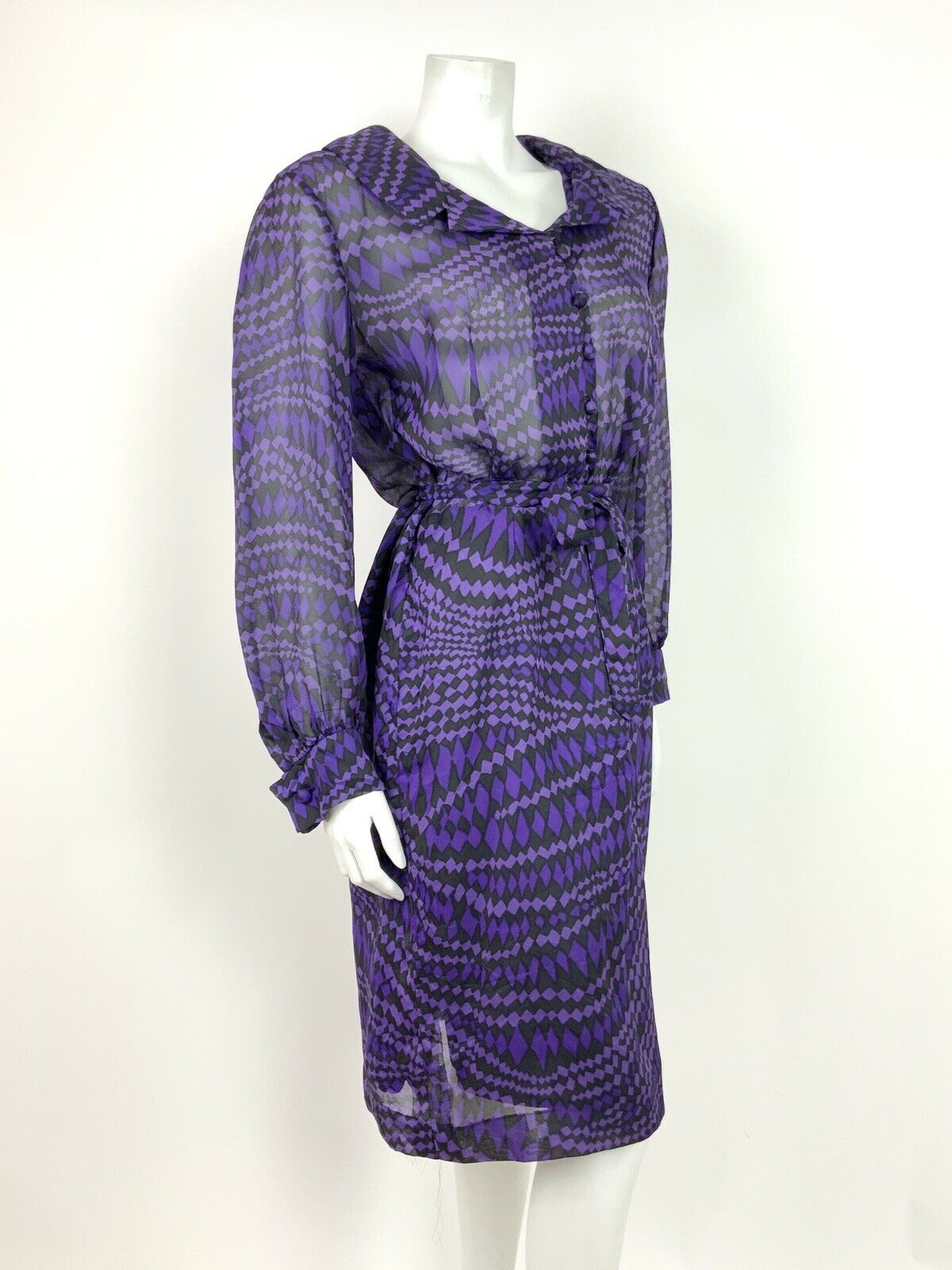 VTG 60s 70s BLACK PURPLE DIAMOND WAVY PSYCHEDELIC SHEER SHIRT DRESS 12 14