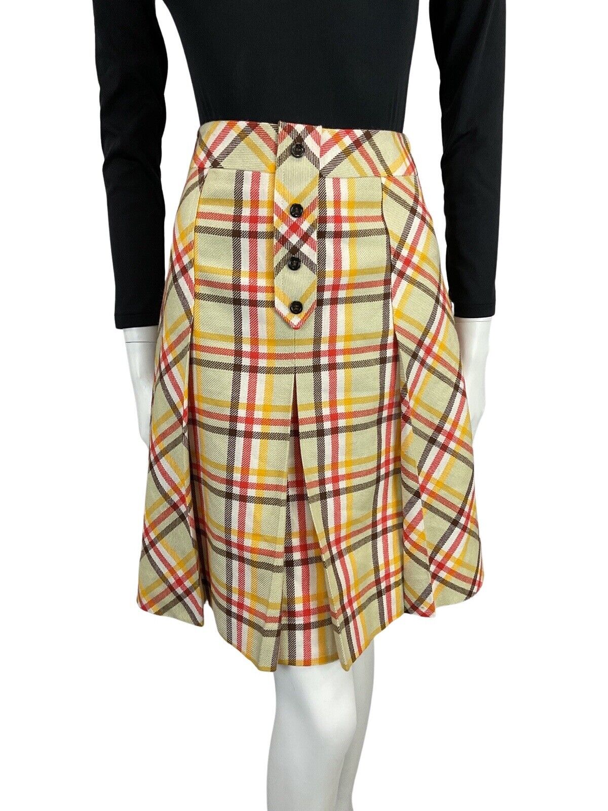 VINTAGE 60s 70s LIGHT SAGE GREEN RED BROWN YELLOW CHECKED PRINT MOD MINI SKIRT 6