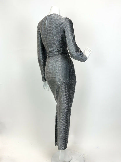 VINTAGE 60s 70s SILVER LUREX CUT-OUT DISCO STUDIO 54 GLAM PARTY MAXI DRESS 10 12