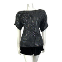 VTG 60s 70s BLACK STRIPED FLORAL SEQUIN BEADED DISCO STUDIO 54 GLAM TOP 18 20