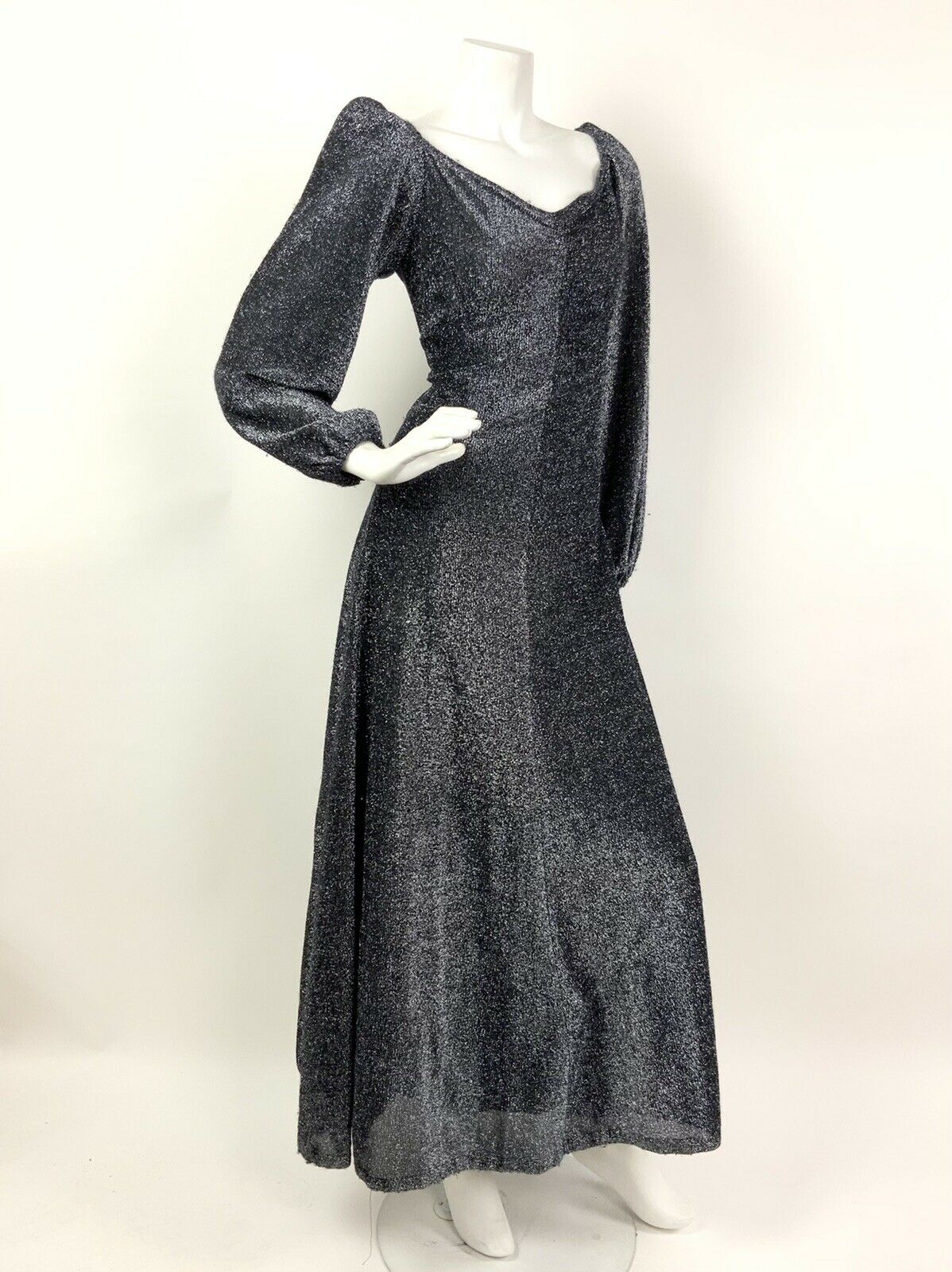 VTG 60s 70s BLACK SILVER GLITTER LUREX SWEETHEART DISCO GLAM MAXI DRESS 10