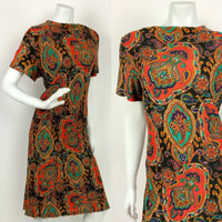 VTG 60s 70s BLACK RED GREEN BLUE PAISLEY FLORAL PSYCHEDELIC SHIFT DRESS 12 14