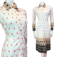 VINTAGE 60s 70s WHITE PINK GOLD GEOMETRIC ABSTRACT MOD DAGGER SHIRT DRESS 6 8