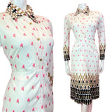 VINTAGE 60s 70s WHITE PINK GOLD GEOMETRIC ABSTRACT MOD DAGGER SHIRT DRESS 6 8