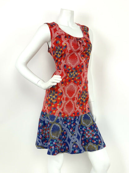 VINTAGE 60s 70s RED BLUE WHITE FLORAL DOTTY HIPPY FOLK GYPSY SHIFT DRESS 12 14