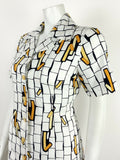 VINTAGE 60s 70s WHITE YELLOW BLUE CREAM GEOMETRIC WING COLLAR SHIRT DRESS 10 12