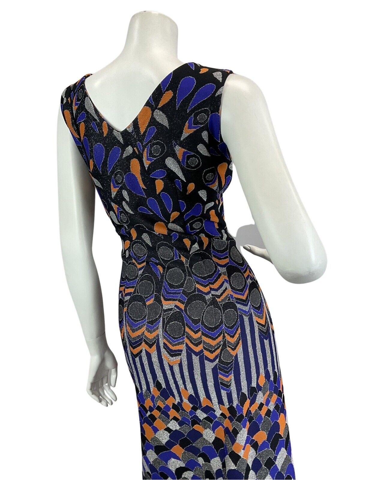 VINTAGE 60s 70s BLACK PURPLE ORANGE SILVER ABSTRACT DISCO PARTY  MAXI DRESS 12