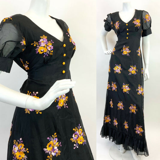 VINTAGE 60s 70s BLACK PURPLE YELLOW EMBROIDERED FLORAL SHEER MAXI DRESS 12