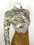 VTG 60s 70S STYLE 90s GREY PINK GREEN BLACK FLORAL PSYCHEDELIC DAGGER BLOUSE 10