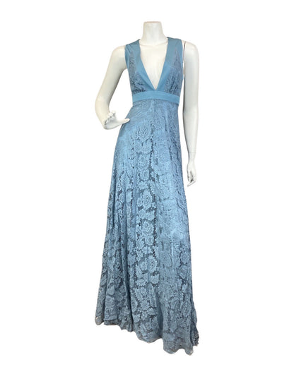 VINTAGE 60s 70s BLUE FLORAL LACE PLUNGING V-NECK SLEEVELESS MAXI DRESS GOWN 10