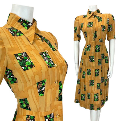 VINTAGE 60s 70s OCHRE YELLOW GREEN GEOMETRIC FLORAL MOD DAGGER SHIRT DRESS 8