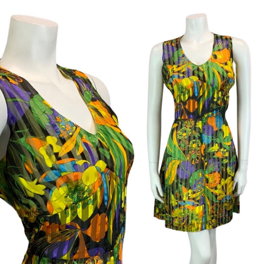 VINTAGE 60s 70s YELLOW GREEN ORANGE FLORAL PRINT MINI DRESS 12