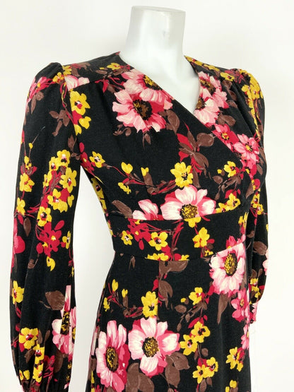 VINTAGE 60s 70s BLACK PINK YELLOW FLORAL BOHO WRAP DRESS 10 12