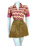 VINTAGE 60s 70s YELLOW PINK BROWN GEOMETRIC AZTEC MOD CROPPED BLOUSE 14 16