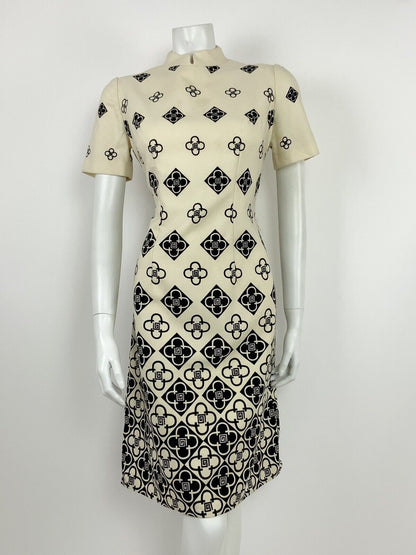 VINTAGE 60s 70s CREAM BLACK GEOMETRIC CHECKED FLORAL MANDARIN COLLAR DRESS 10 12