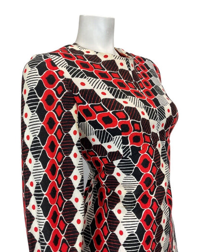 VINTAGE 60s 70s RED BLACK WHITE GEOMETRIC DIAMOND LONGSLEEVE DRESS 12