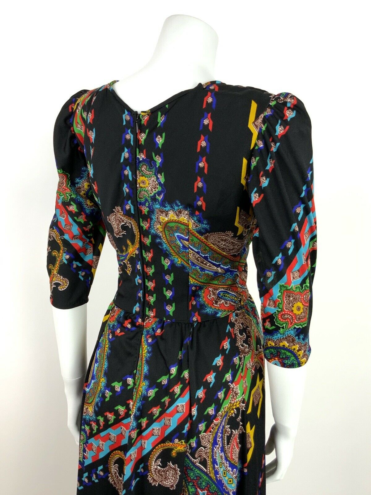 VINTAGE 60s 70s PAISLEY PSYCHEDELIC BLACK YELLOW BLUE RED GREEN  MAXI DRESS 8