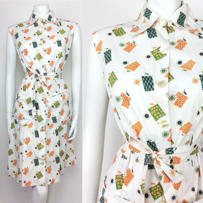 VINTAGE 60s 70s WHITE GEOMETRIC FLORAL ORANGE BLUE GREEN SHIRT DRESS 14