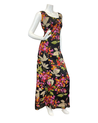 VINTAGE 60s 70s BLACK ORANGE RED FLORAL PSYCHEDELIC SLEEVELESS MAXI DRESS 12 14