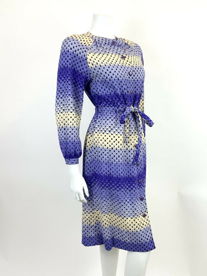 VINTAGE 60s 70s PURPLE CREAM BLACK OMBRE DOTTY GEOMETRIC MIDI DRESS 12 14