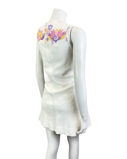 VINTAGE 60s WHITE PINK PURPLE FLORAL BIRD EMBROIDERED MOD MINI SHIFT DRESS 10 12