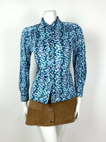 VTG 60s 70s BLUE PURPLE WHITE PINK FLORAL DITSY DAGGER COLLAR SHIRT BLOUSE 12 14