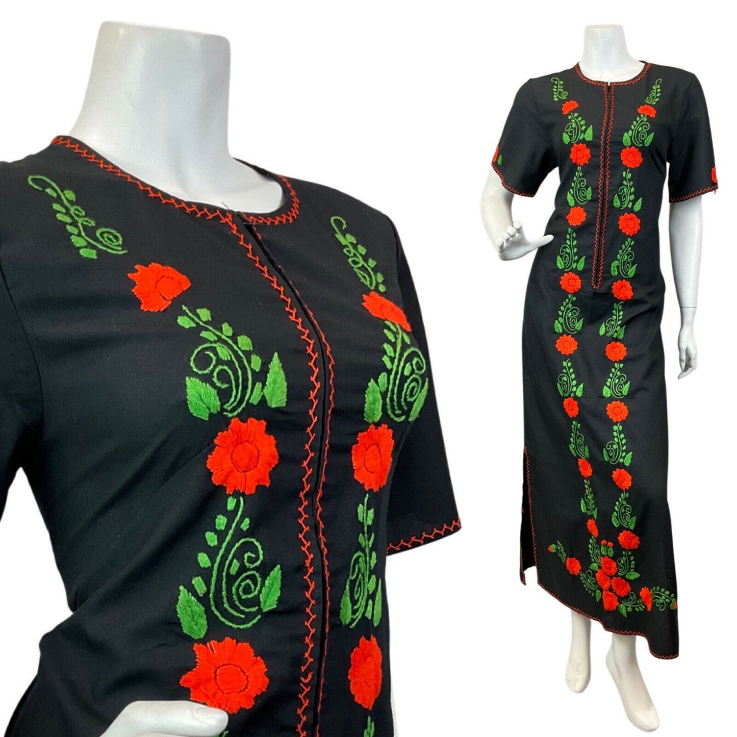 VINTAGE 60s 70s BLACK ORANGE GREEN FLORAL EMBROIDERED BOHO FOLK MAXI DRESS 10