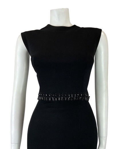 VINTAGE 60s 70s BLACK SEQUIN BEADED GLAM PARTY SLEEVELESS WIGGLE DRESS 8