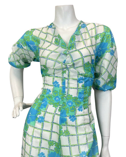 VINTAGE 60s 70s WHITE BLUE GREEN CHECKED FLORAL MOD MAXI DRESS 10 12