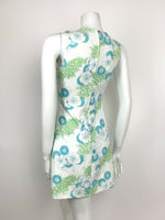 VTG 60s 70s WHITE BLUE GREEN EMBOSSED PSYCHEDELIC FLORAL SUMMER MINI DRESS 6 8