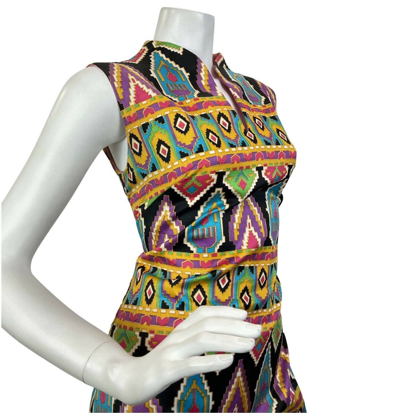 VINTAGE 60s 70s BLACK GOLD GREEN PSYCHEDELIC AZTEC GEOMETRIC MOD MAXI DRESS 10