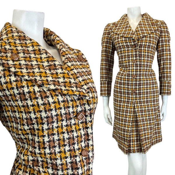 VINTAGE 60s 70s BROWN CREAM YELLOW CHECKED GINGHAM WOOL SHIRT DRESS 14 16