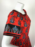 VTG 60s 70s RED NAVY BLUE BEIGE FLORAL PAISLEY PSYCHEDELIC MAXI DRESS 10 12
