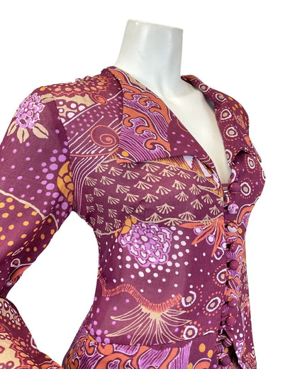 VINTAGE 60s 70s PURPLE ORANGE PSYCHEDELIC FLORAL MOD PEPLUM MAXI DRESS 8 10