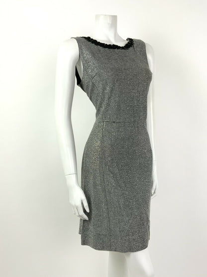 VTG 60s 70s BLACK SILVER GLITTER LUREX SEQUIN TRIM PARTY STUDIO 54 DRESS 10 12