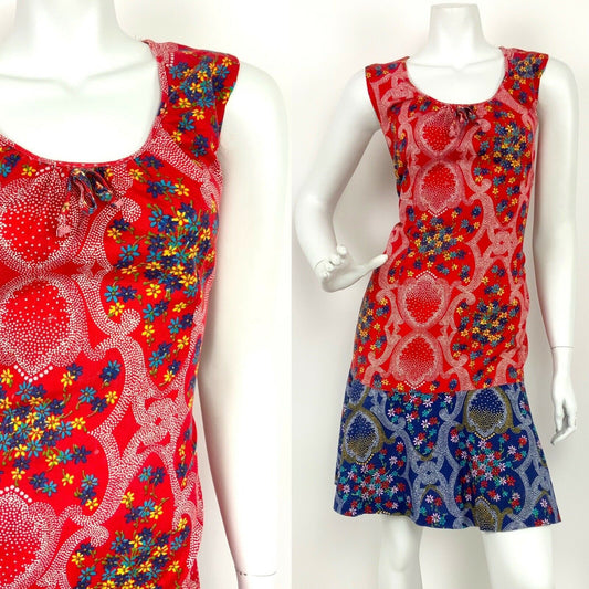 VINTAGE 60s 70s RED BLUE WHITE FLORAL DOTTY HIPPY FOLK GYPSY SHIFT DRESS 12 14