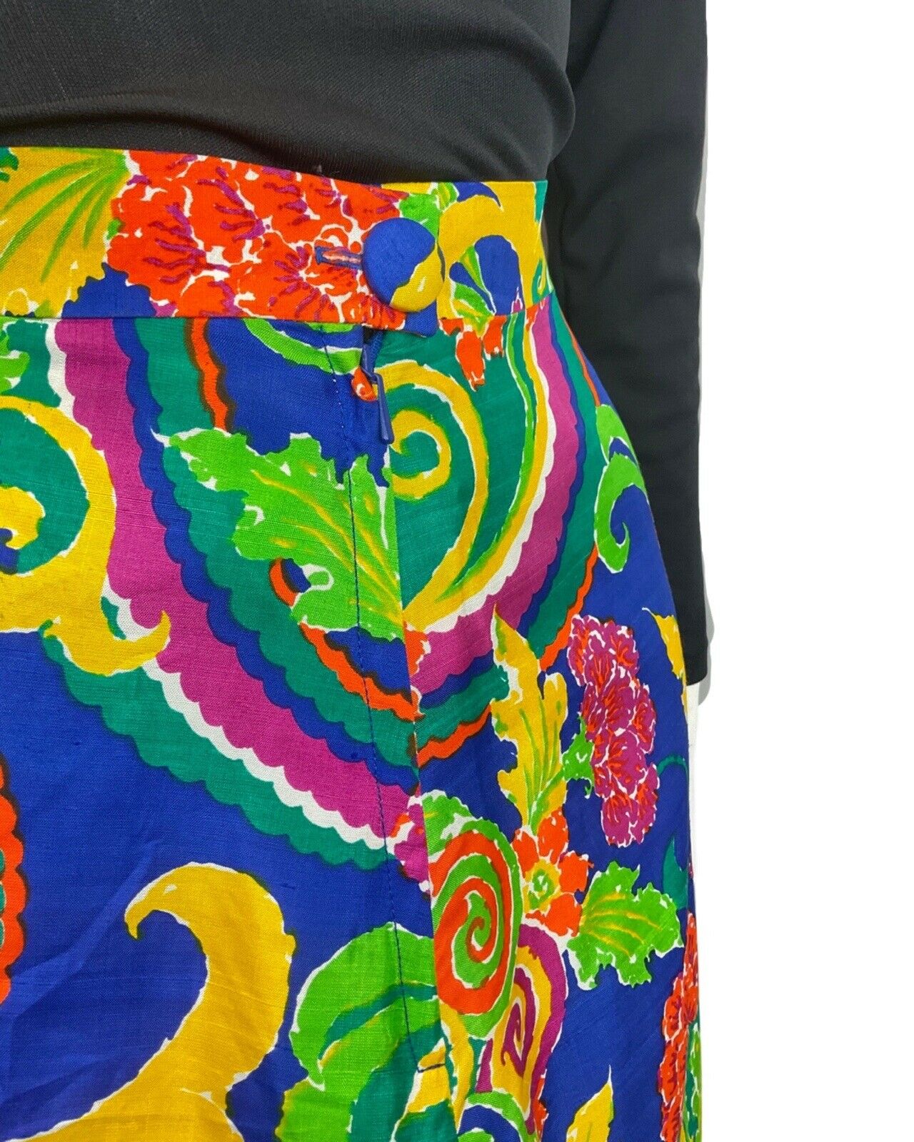 VINTAGE 60s 70s BLUE GREEN YELLOW PSYCHEDELIC FLORAL SWIRL MOD MAXI SKIRT 10