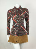 VTG 60s 70s BLACK WHITE RED GEOMETRIC STRIPED DOTTY DAGGER SHIRT BLOUSE 10 12