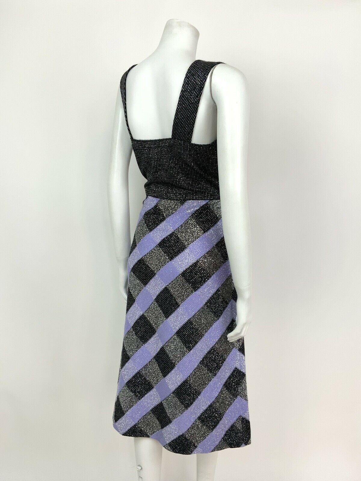 VINTAGE 60s 70s BLACK PURPLE SILVER LUREX CHECKED DISCO PARTY DRESS 10 12